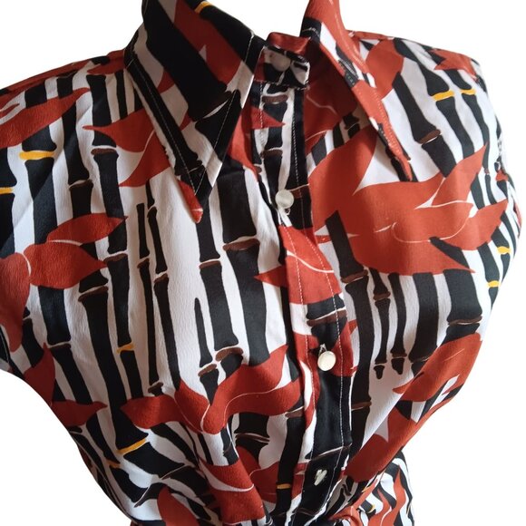 Women's Medium Vintage 70's Sleeveless Button-Up Floral Stripe Print Polyester - Picture 2 of 6